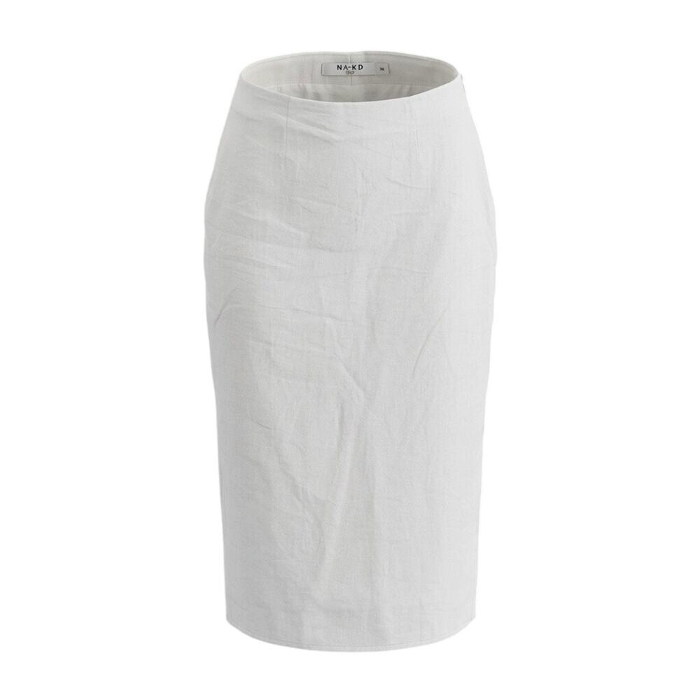NA-KD White 100% Linen Pencil Midi Skirt Womens Size 36 US 4/6 Slit Cotton Lined